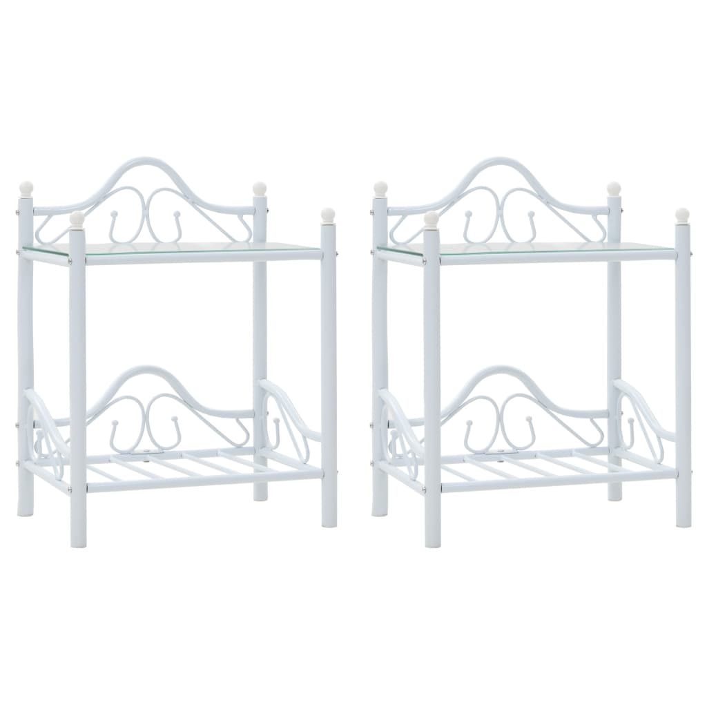 Comodini Set 2 pz Acciaio e Vetro Temperato 45x30,5x60cm Bianco
